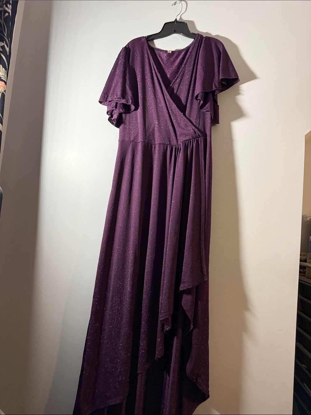 Glamorous Plum Wrap High-Low Dress with Sparkle